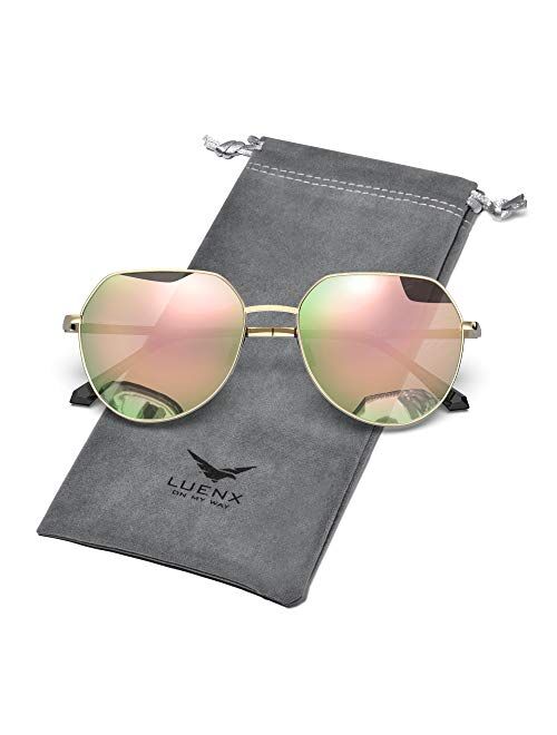 LUENX Square Polarized Sunglasses for Women Polygon Small Mirrored Lens uv 400 Protection 58 MM