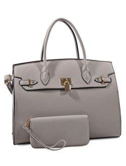 Large Padlock Accent Structured Business Satchel  Wallet- Gray