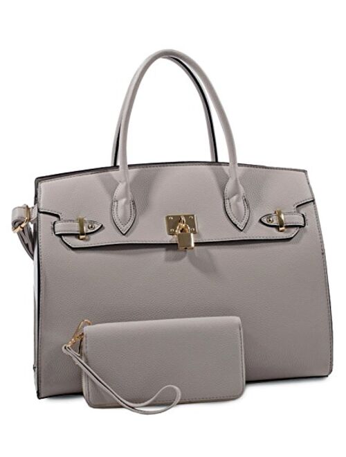 Deluxity Large Padlock Accent Structured Business Satchel +Wallet- Gray
