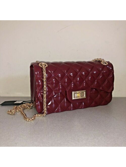NWT Deluxity Los Angeles Burgunry Patent Plastic Quilted Small Gold Chain Purse
