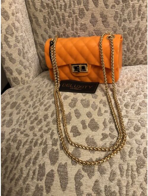 Deluxity Orange Jelly Handbad w/Gold Adjustable Chain Straps