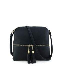 Lightweight Medium Crossbody Bag with Tassel Black, Black, Size One Size