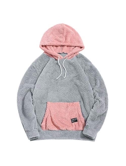 Fashion Sherpa Pullover Hooded Sweatshirts Unisex Colorblock Splicing Drawstring Fluffy Faux Fur Hoodies
