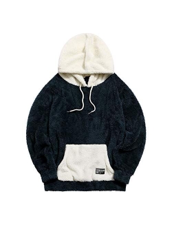 Fashion Sherpa Pullover Hooded Sweatshirts Unisex Colorblock Splicing Drawstring Fluffy Faux Fur Hoodies
