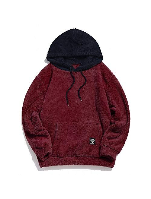 ZAFUL Fashion Sherpa Pullover Hooded Sweatshirts Unisex Colorblock Splicing Drawstring Fluffy Faux Fur Hoodies