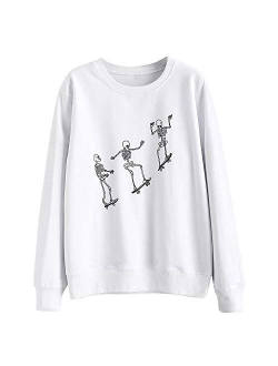 Women's Halloween Skeleton Print Long Sleeve Pullover Sweatshirt Hoodie Tops