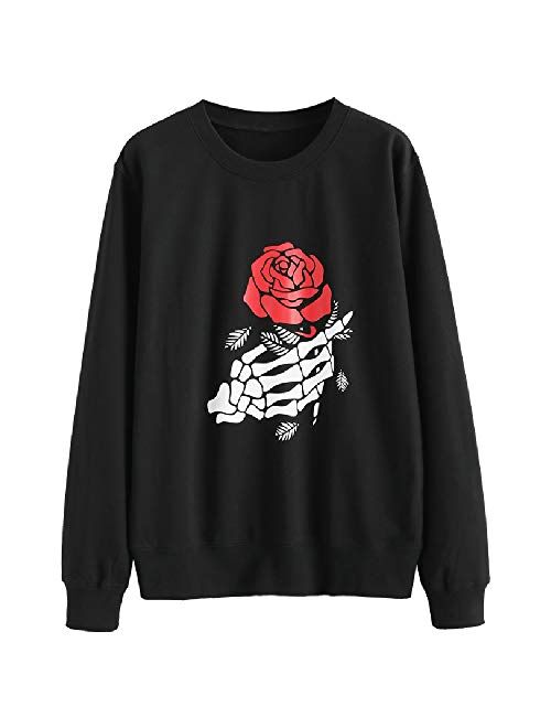 ZAFUL Women's Halloween Skeleton Print Long Sleeve Pullover Sweatshirt Hoodie Tops