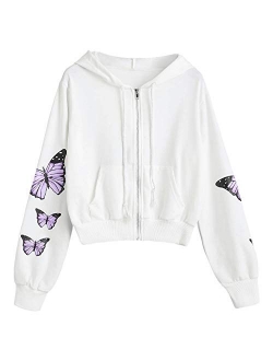 Women's Fleece Lined Zip Up Hoodie Long Sleeve Crop Top Hooded Sweatshirt