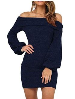 Hadudu Women's Solid Dress Balloon Sleeve Off Shoulder Bodycon Mini Dress