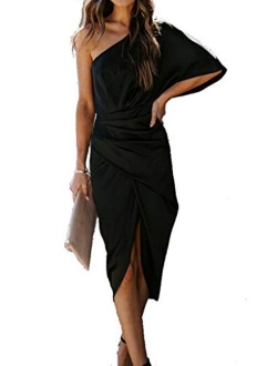 Ladmous Womens Off Shoulder Bat Sleeve Party Dress Club Ruched Bodycon Mini Dress