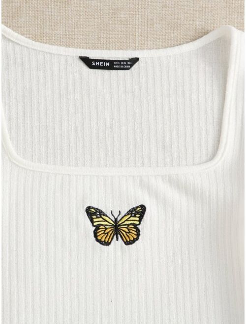 Shein Lettuce Edge Butterfly Embroidered Rib-knit Tee