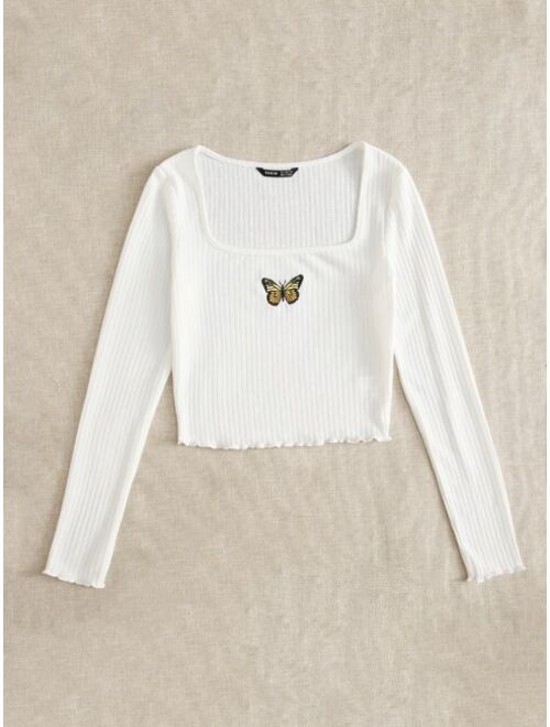 Shein Lettuce Edge Butterfly Embroidered Rib-knit Tee