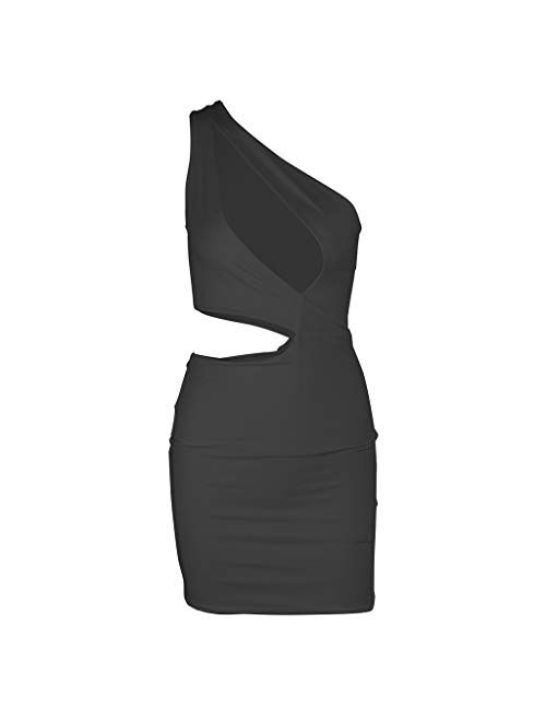 Women's Sexy One Shoulder Sleeveless Cutout Ruched Bodycon Mini Club Dress Tank Dress S-XL by 2DXuixsh