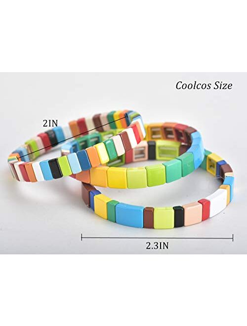 Coolcos Tile Bracelets Stackable Enamel Stretchy Tile Bracelet Rainbow Colorblock Beads Bracelets Bohemian Strand Bracelets for Lady Women & Men Girls