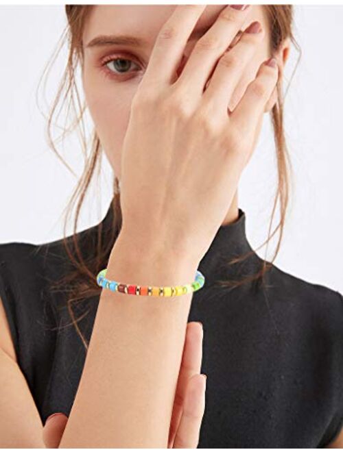 Coolcos Dainty Elastic Enamel Tile Bracelet - Colorblock Bohemian BOHO Stretchy Wristlet for Women Stackable Arm Party Bracelets