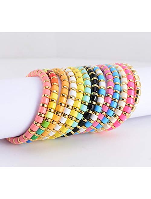 Coolcos Dainty Elastic Enamel Tile Bracelet - Colorblock Bohemian BOHO Stretchy Wristlet for Women Stackable Arm Party Bracelets