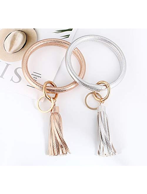 2PC Coolcos Wristlet Keychain Bracelet Bangle Keyring - Large Circle Key Ring Leather Tassel Bracelet Holder For Women Girl