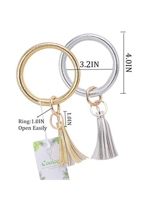 2PC Coolcos Wristlet Keychain Bracelet Bangle Keyring - Large Circle Key Ring Leather Tassel Bracelet Holder For Women Girl