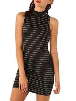 Striped Dresses for Women Turtleneck Sleeveless Bodycon Stretch Fit Mini Dress