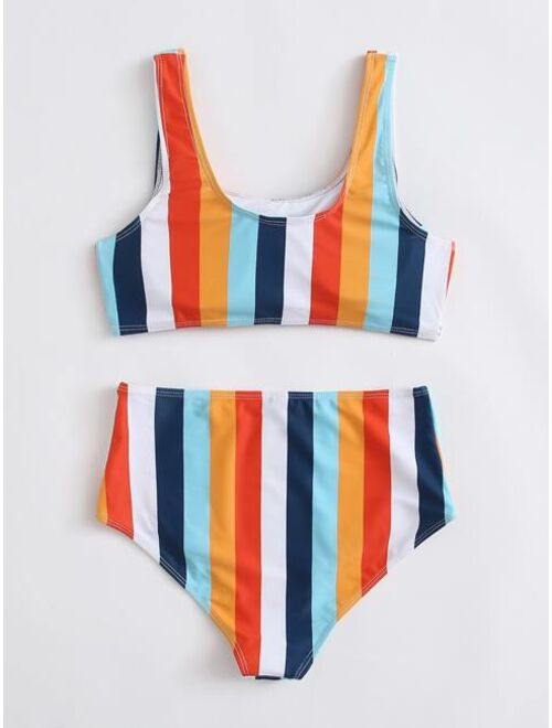 Shein Colourful Striped High Waisted Bikini Swimsuit