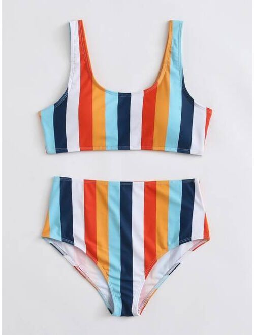 Shein Colourful Striped High Waisted Bikini Swimsuit