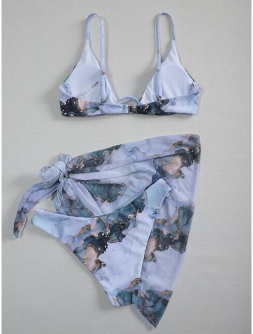 Shein 3pack Water Colour Underwire Bikini Swimsuit & Beach Skirt