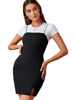 Women's Basic Solid Cami Dress Sleeveless Strap Bodycon Split Mini Party Club Dress