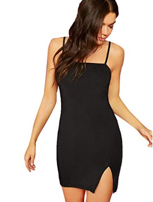 SheIn Women's Basic Solid Cami Dress Sleeveless Strap Bodycon Split Mini Party Club Dress