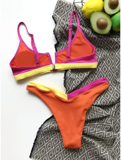 Shein Colorblock Rib V Wired Bikini Swimsuit