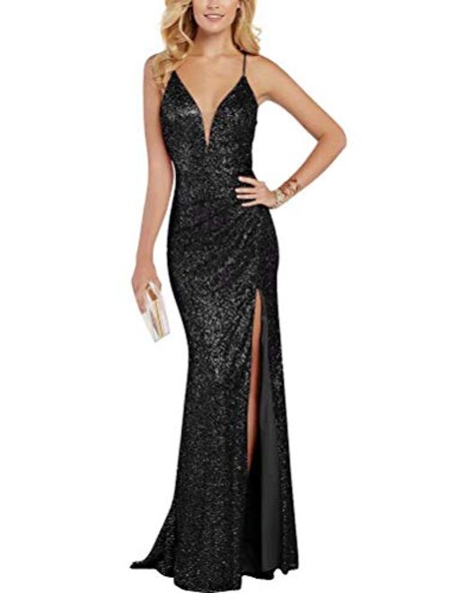 Women's Sexy Spaghetti Strap Mermaid Sequin Formal Evening Dress Long Deep V Neck Backless Prom Ball Gowns with Slit
