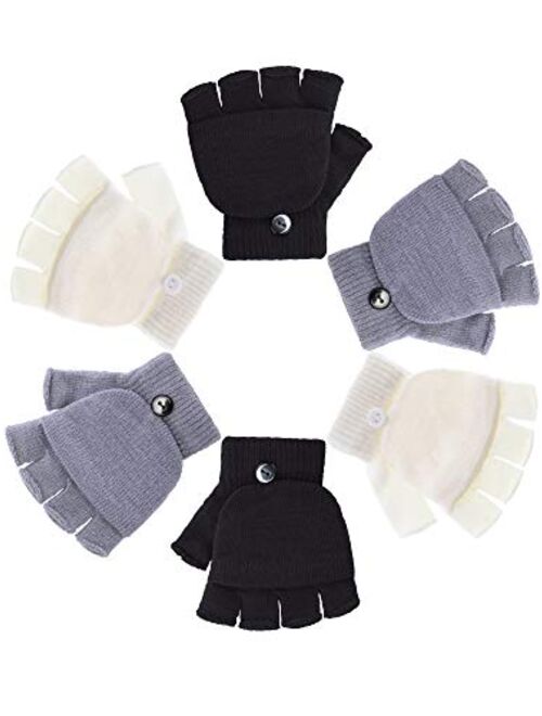 Boao 3 Pairs Kids Fingerless Mittens Convertible Flip Top Gloves Children Soft Knitted Gloves for Boys Girls