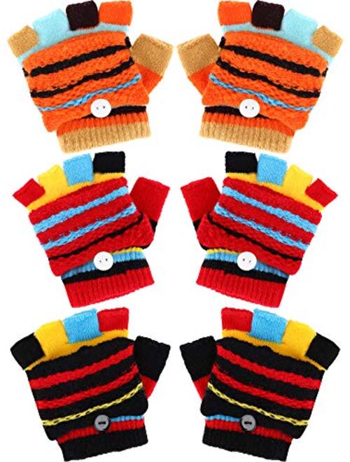 Boao 3 Pairs Kids Fingerless Gloves Convertible Flip Top Gloves Winter Knit Mittens