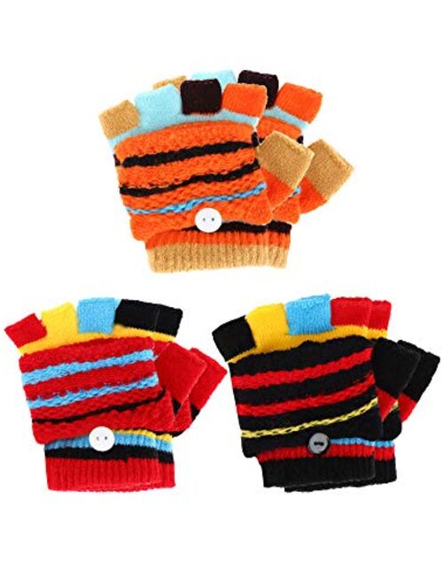 Boao 3 Pairs Kids Fingerless Gloves Convertible Flip Top Gloves Winter Knit Mittens