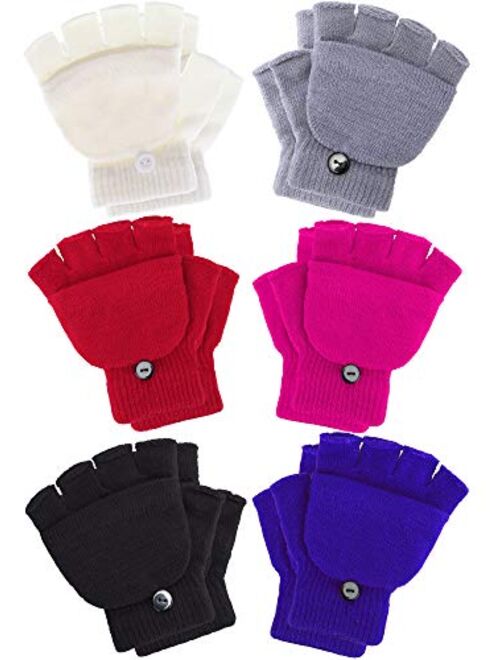6 Pairs Convertible Fingerless Gloves Warm Knit Glove with Mitten Cover for Kids and Teens (4-11 Years)