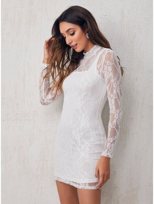 Shein Mock-neck Form Fitted Lace Dress Without Camisole