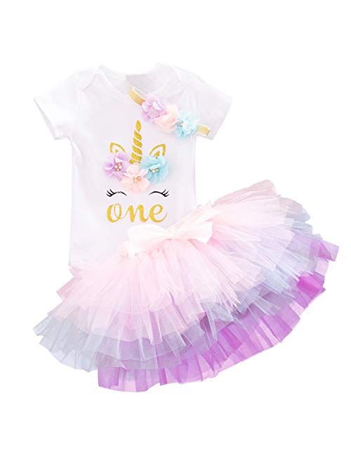 NNJXD Baby Girls 1st Birthday Unicorn Outfits Set Rainbow Tutu Skirt+ Unicorn T-Shirt+ Flower Headband