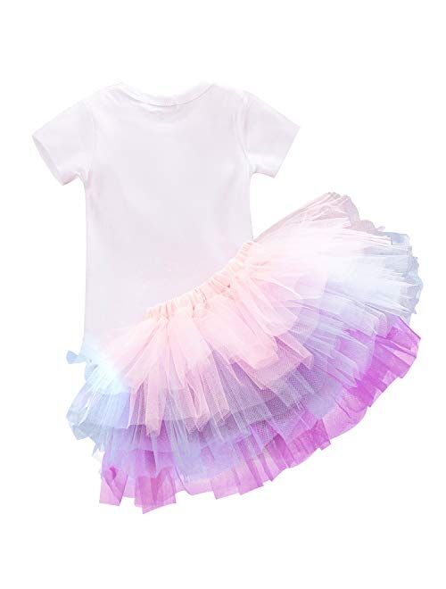 NNJXD Baby Girls 1st Birthday Unicorn Outfits Set Rainbow Tutu Skirt+ Unicorn T-Shirt+ Flower Headband