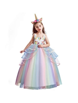 Girls Unicorn Dress Rainbow Fancy Princess Costume Tulle Party Dresses