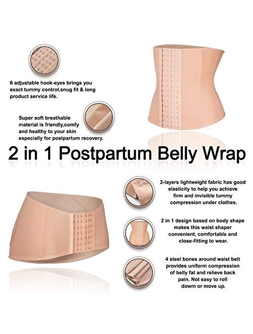 BRABIC 2 in 1 Postpartum Belly Wrap Girdle Pelvis Belt Waist Trainer Tummy Control Shapewear for Women
