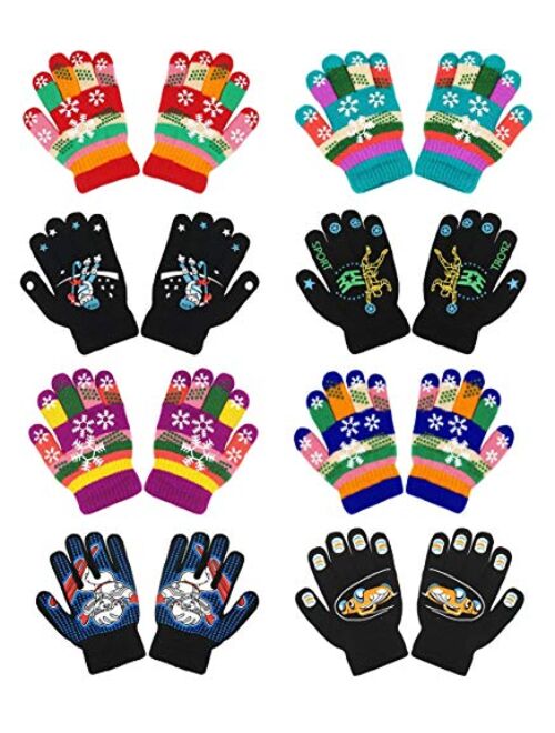 Kids Gloves, Magic Stretch Gloves 8 Pairs, Children Anti-Slip Full Fingers Knitted Winter Glove for Boys and Girls