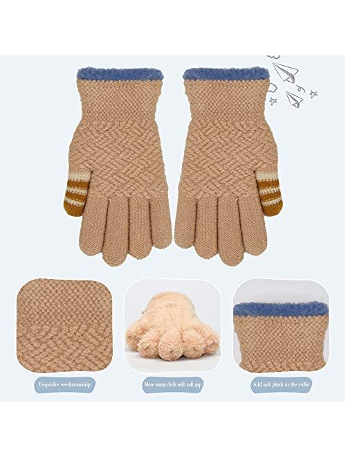 Winter Gloves for Boys Girls - Kids Warm Knit Thermal Cable Knitted Gloves Wool Fleece Lined Mittens for Cold Weather