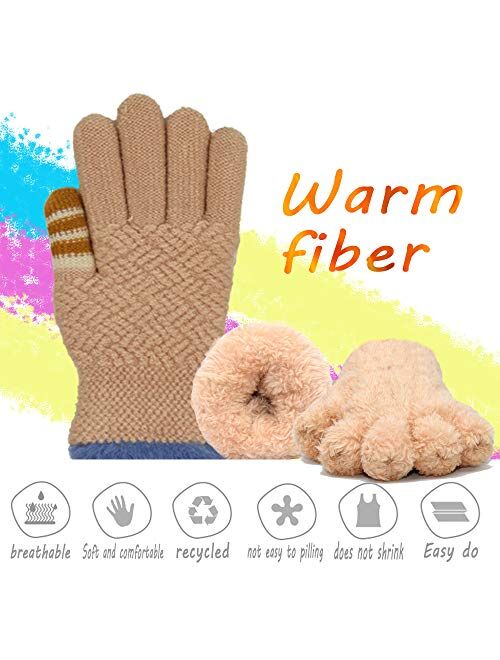 Winter Gloves for Boys Girls - Kids Warm Knit Thermal Cable Knitted Gloves Wool Fleece Lined Mittens for Cold Weather