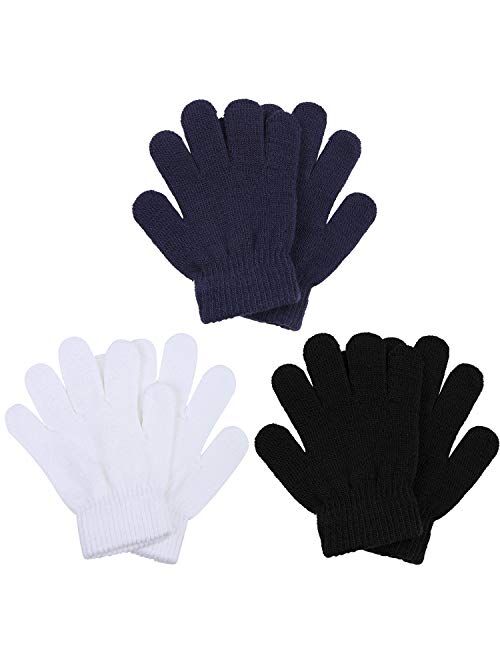 Cooraby 3 Pairs Winter Kids Gloves Warm Stretchy Knitted Magic Gloves Full Finger Mittens