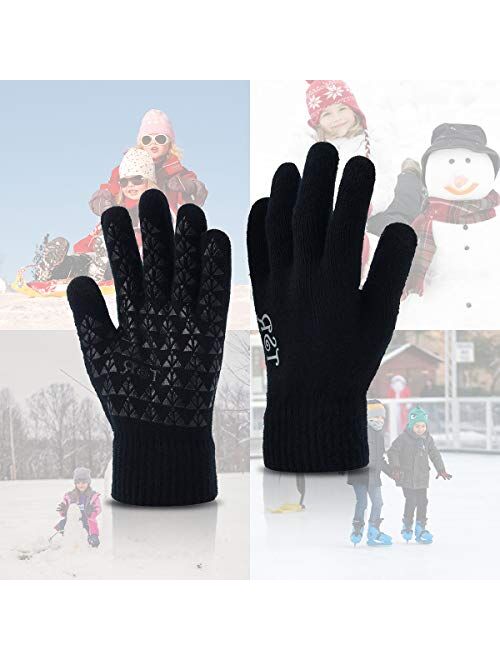 Kids Touchscreen Knit Gloves, Winter Solid Black Children Warm Thick Fleece Lining Gloves