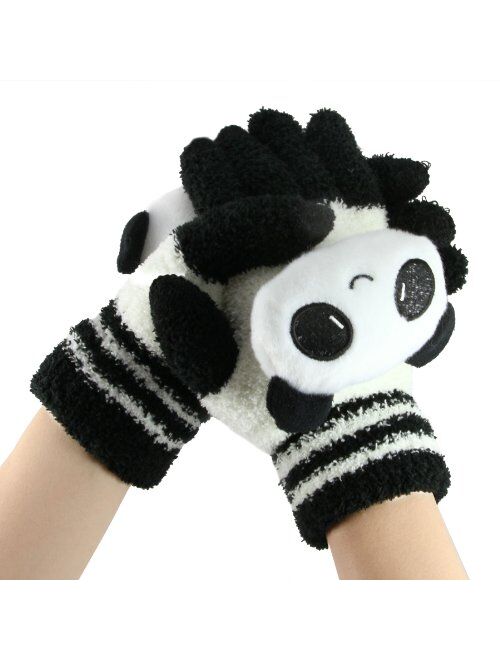 Greenery Cute Winter Wool Touchscreen Gloves Mitten, iPhone Gloves, Texting Gloves for Girls/Ladies, Great Gift for Christmas Day/ New Year (Black White Panda)