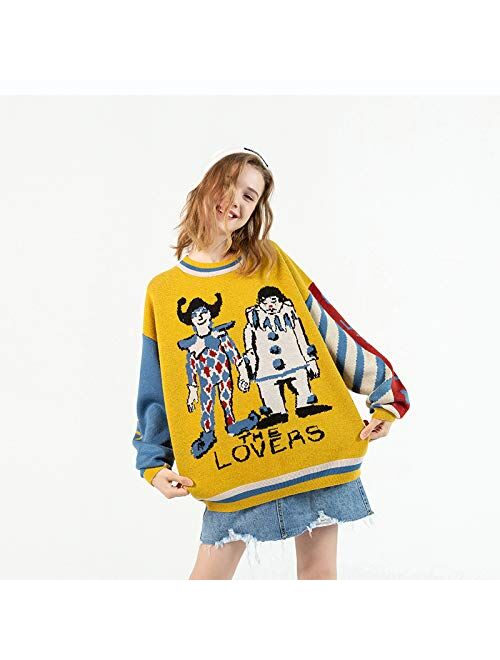 Aelfric Eden Men Loose Cartoon Colorblock Sweater Long Sleeve Crewneck Knitted Sweater Personality Couple Top