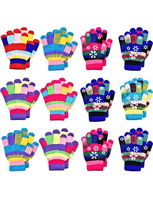 12 Pairs Unisex Kids Gloves Stretch Full Finger Mittens Knitted Gloves Winter Warm Knitted Gloves for Boys and Girls Christmas Giving, Mixed Colors