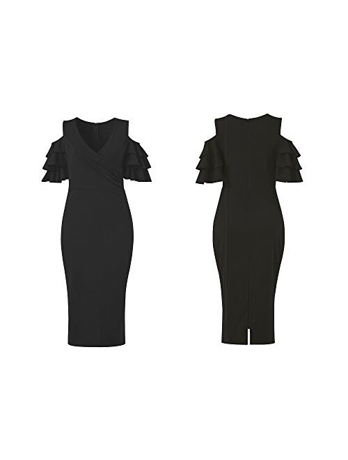 VERWIN Solid Flounced Sleeves Cold Shoulder V Neck Elegant Sexy Party Evening Midi Dress Bodycon Dress
