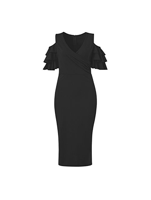 VERWIN Solid Flounced Sleeves Cold Shoulder V Neck Elegant Sexy Party Evening Midi Dress Bodycon Dress