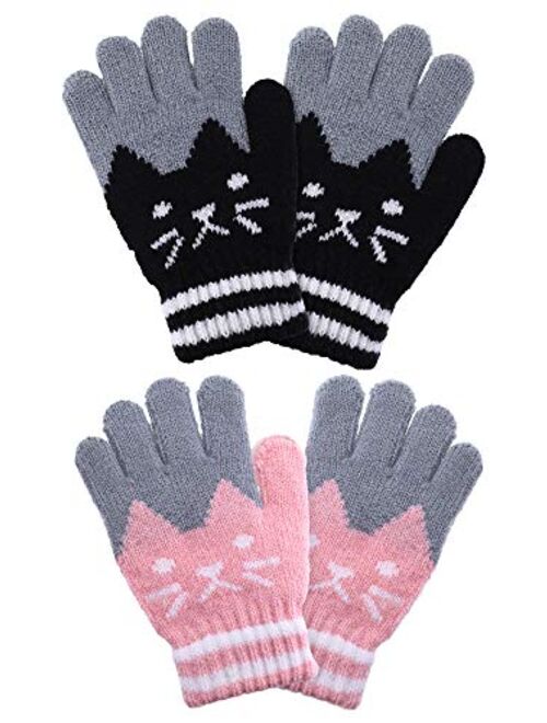 Boao 2 Pairs Kids Winter Gloves Full Finger Knitted Gloves Warm Stretchy Mittens for Boys Girls Supplies (Color Set 1)